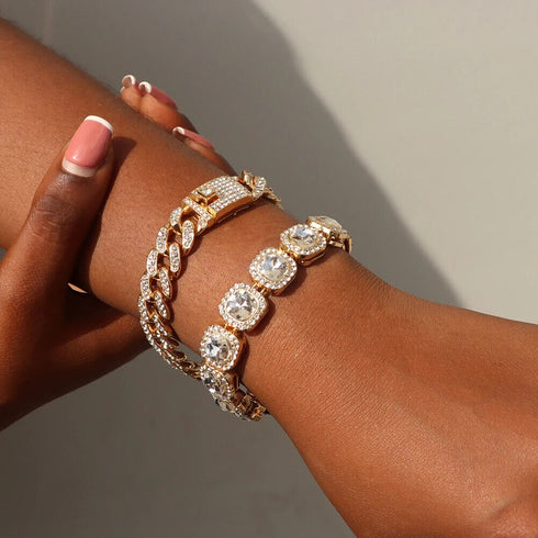 4 Pcs 14K Gold Plated Iced CZ Bling Tennis Heart Cuban Link Men Women Bracelets